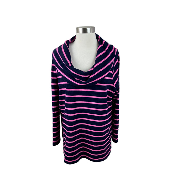 Talbots 1X Black Pink Waffle Weave Cowl Neck Long Sleeve Top - Picture 1 of 4